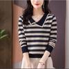 Spring and Autumn Women's Jacquard Lapel Striped Sweater Knitted Sweater Loose Base Sweater