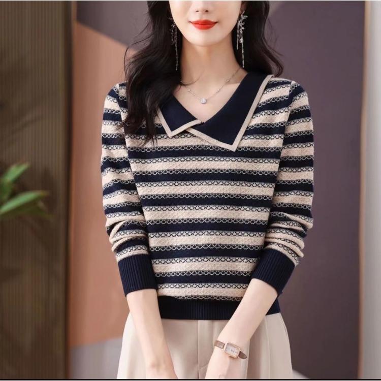 Spring and Autumn Women's Jacquard Lapel Striped Sweater Knitted Sweater Loose Base Sweater