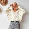 Women's Beige V Neck Knit Cardigan with Colorful Flower Embroidery and Front Pockets