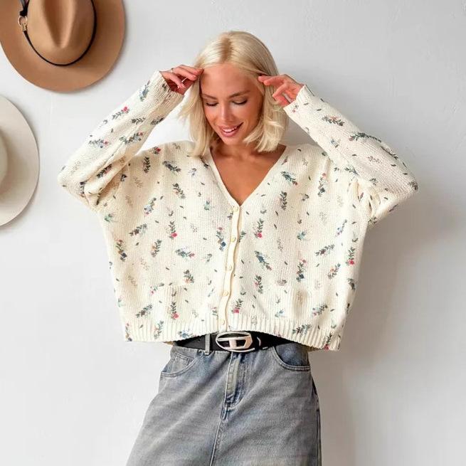Women's Beige V Neck Knit Cardigan with Colorful Flower Embroidery and Front Pockets