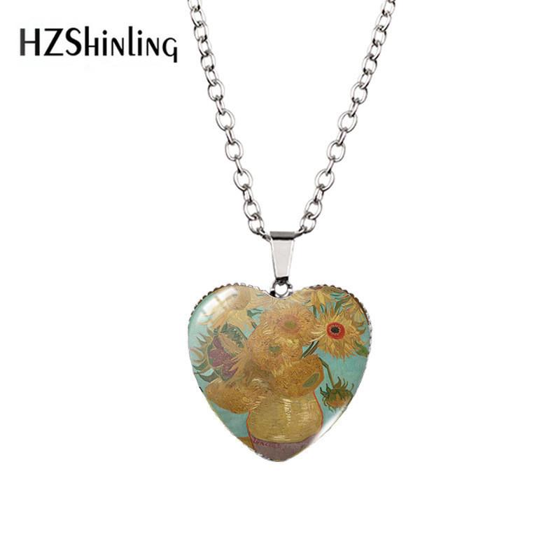 Beautiful Heart-shaped Necklace Featuring Van Gogh's Starry Night And Sunflower Design