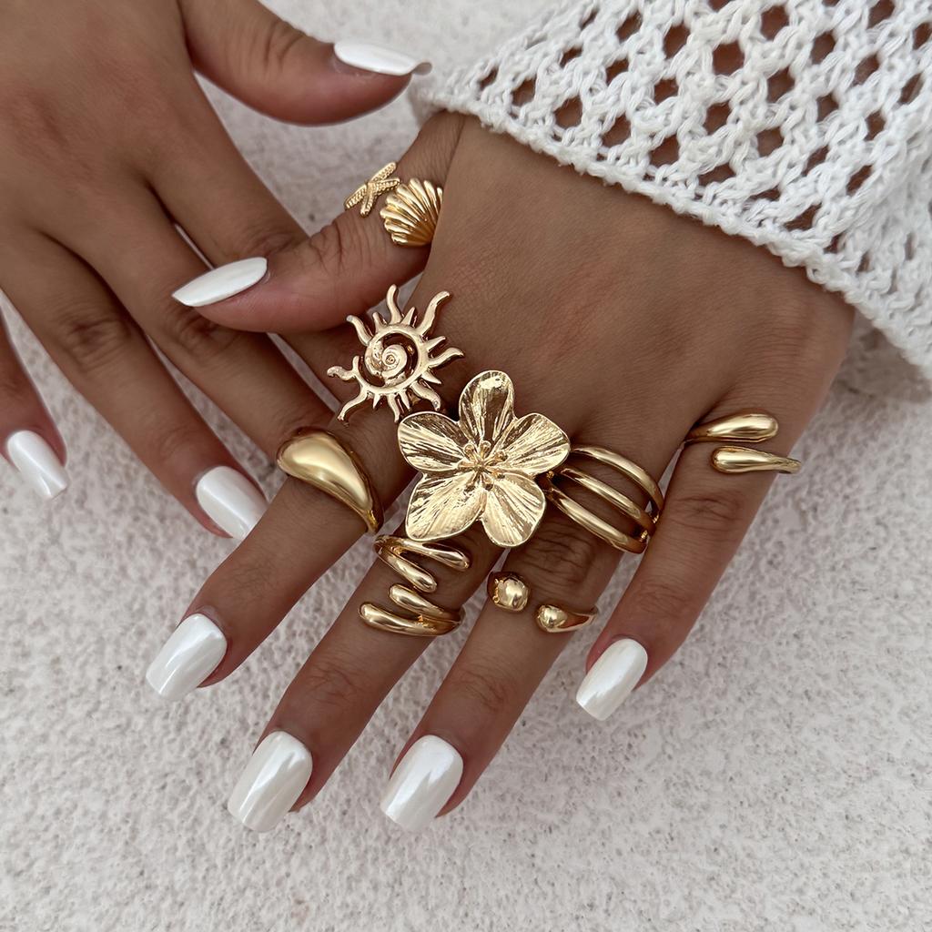 Summer Vacation Starfish Scallop Open Ring Set for Women Men Gold Color Glossy Alloy Flower Adjustable Ring Jewelry Gift