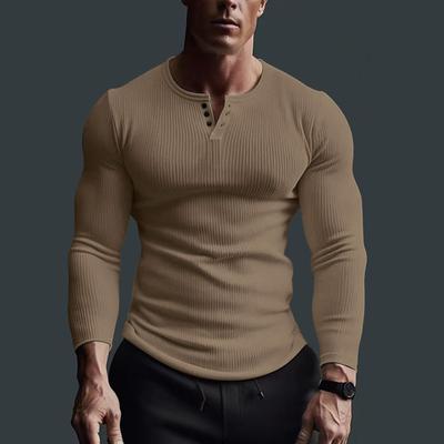 Heren Top met Lange Mouwen Fitness Hoge Elasticiteit Basis Shirt V-hals met Knopen Effen Kleur Plus Size Casual T-shirts Heren