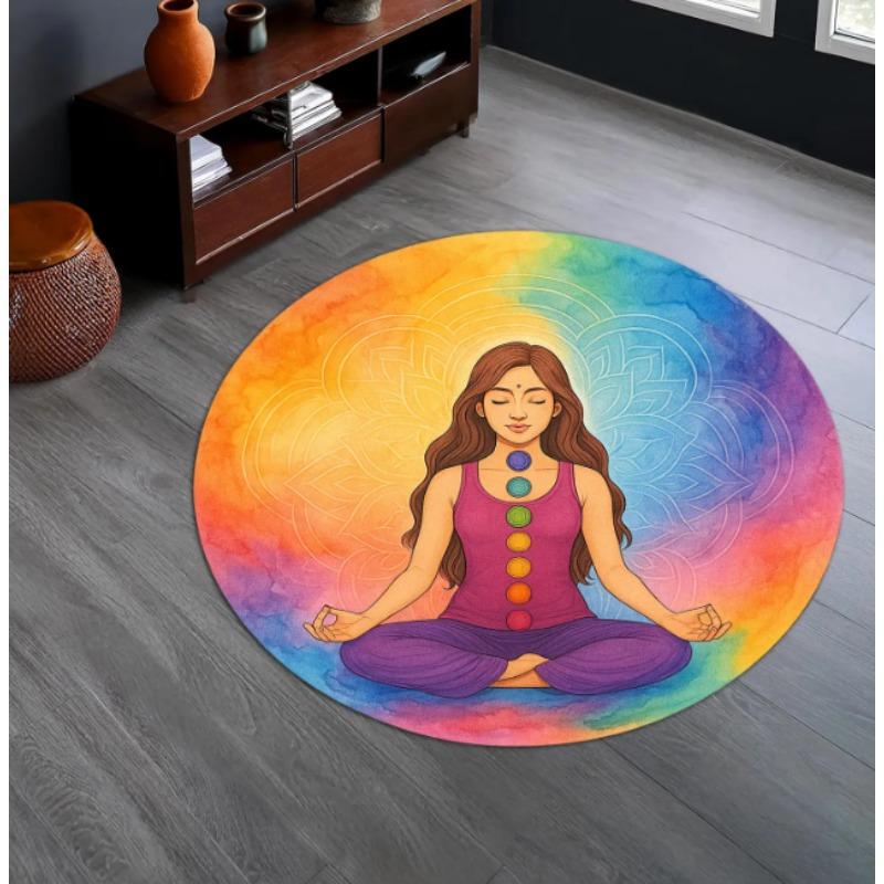 Round Yoga Rug with Chakra Meditation Design Spiritual Bohemian Rug for Meditation Room Yoga Studio Home Decor Having Aesthetic