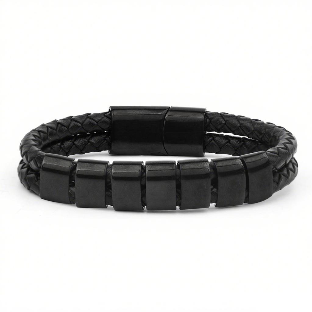 Men's Leather Bracelet Magnetic Tail Buckle Stainless Steel Positioning Ring Engraved Father's Day Gift Double Leather Bracelet