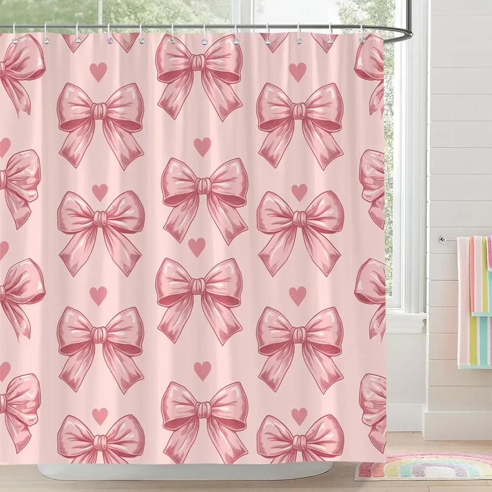 Rainbow Castle Pink Bow Shower Curtain Love Hearts Stars Stripes Colourful Clouds Polyester Fabric Shower Curtain Bathroom Decor