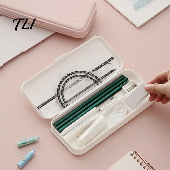 Compact Writing Instrument Holder 2Pcs Simple Pencil Case for Students, Plastic Slim Design Stationery Storage with Multiple Compartments, Lightweight
