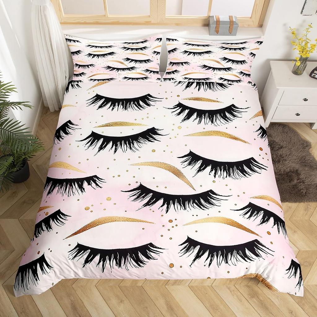 Comforter Eyelash Queen Golden Girl Lashes Bedding Set Gorgeous Priness Style Comforter For Women Girls Esthetician Gift