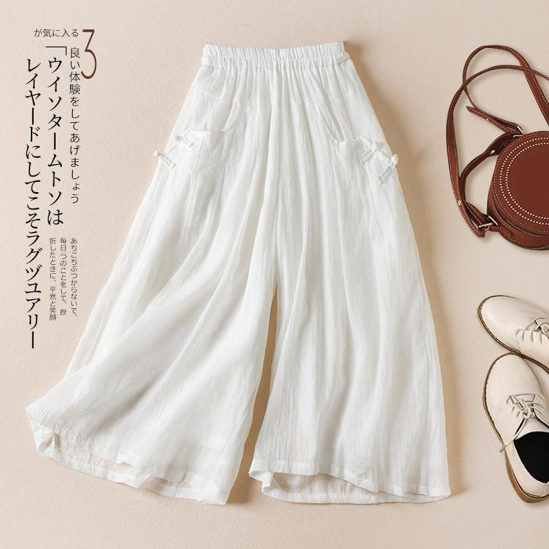 Skutečná fotografie léto nové literární volné jednobarevné bavlněné a lněné elastický pas široké nohavice devítibodové kalhoty ženy