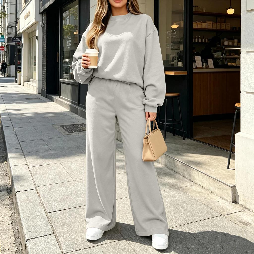 Women's Casual Fashion Long Sleeve High Waist Wide Straight Leg Sweatsuit Set