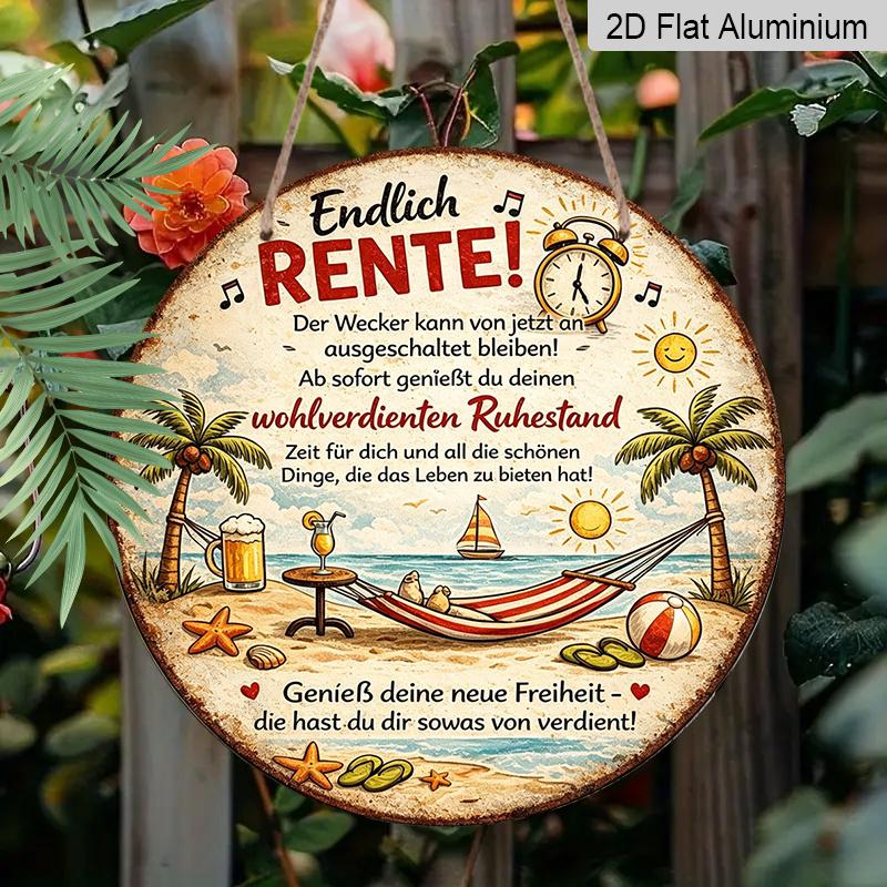 2D Flat, 1pc Round Aluminum Hanging Sign - "Finally Retired" German Retirement Beach Scene Metal Wall Art, Vintage Distressed Tropical Hammock & Palm