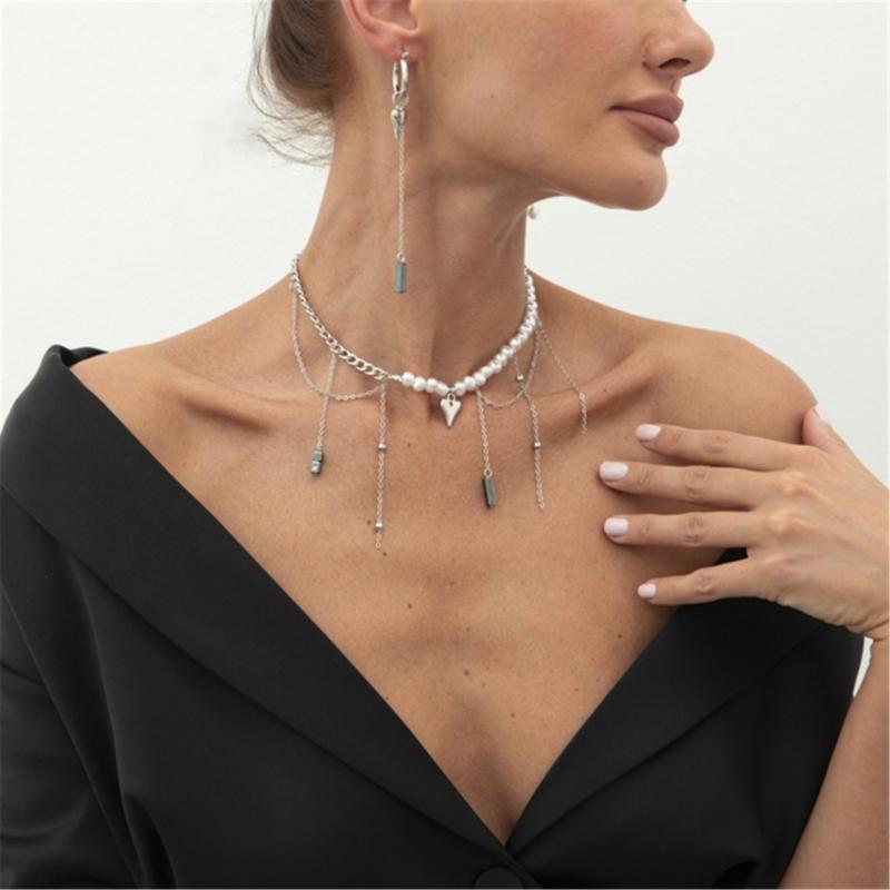 Retro Layer Earrings and Necklace With Bohemian Heart Pendant Pearls Choker And Cuban Chain Jewelry For Women Girls