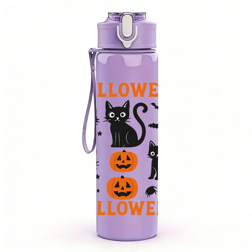 1PC Halloween Black Cat Pumpkin Art 750ml Color Plastic Sports Water Bottle Leakproof Flip Straw Lid Suitable for Sports Office Home Use