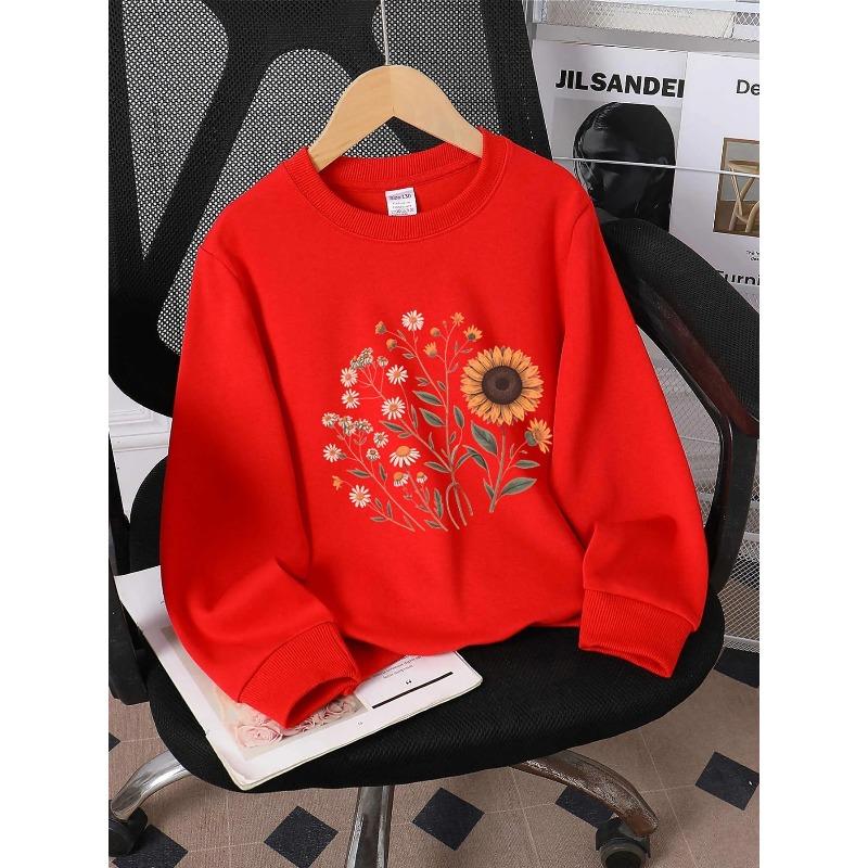 European Sizes Kids' Round-neck Hoodie - Sunflower Daisies Orange White Green , Sportswear And Casual Wear, Soft And Comfortable