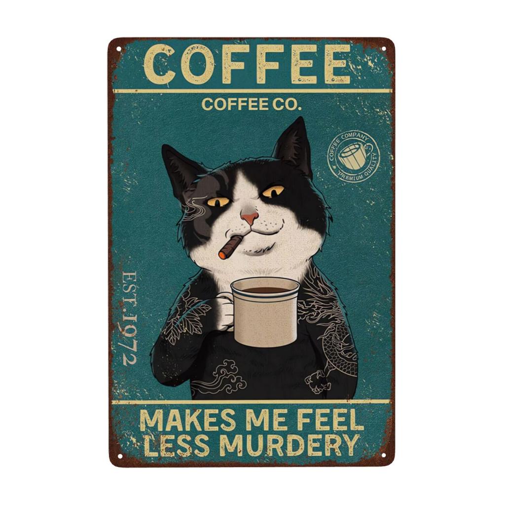 Mfoever Retro Cat Coffee Metal Sign Vintage A Coffee A Day Keeps The Grumpy Away for Home Coffee Shop Bar Wall Decor X Inch