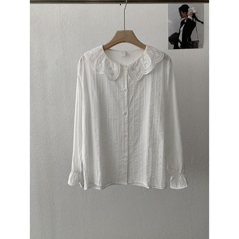 Spring Autumn Polo-neck Sweet Single Breasted Shirt Women Long Sleeve Casual White Cotton Blouse Cardigan Top