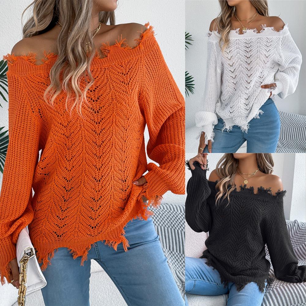 Women's Knitted Sweater for Autumn/Winter Solid Colour Lace-Up Long Sleeves Ragged Hem Off-Shoulder Pullover Loose-Fit Top
