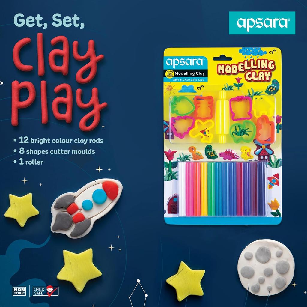 Apsara Non-Toxic Super Soft 12 Shades Modelling Clay Multicolour Pack of 1 with 8 Moulds and Roller for Kids Art Craft