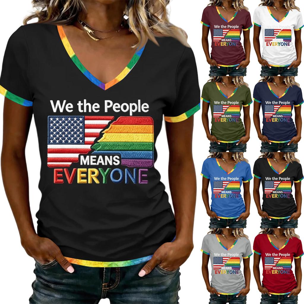 Women's Casual V Neck Short Sleeve T Shirt Patriotic Independence Day Printed Tee Top Lightweight Comfortable Fit