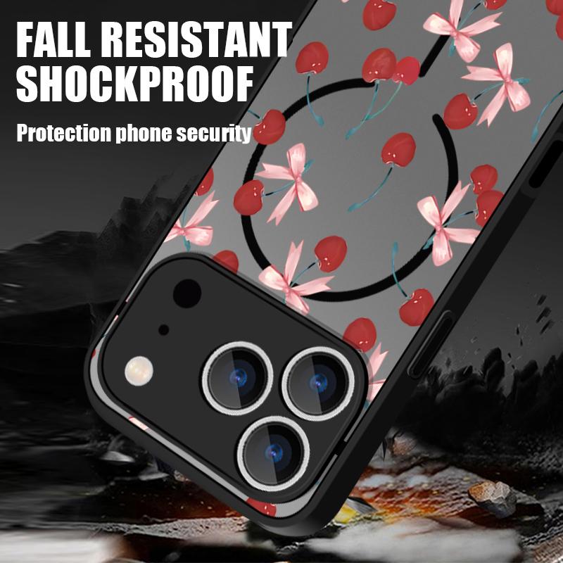 Cherry Bowknots Print Case For iPhone 17 Pro Max Case iPhone 16 15 14 13 Pro Max 17E Magnetic For Magsafe Thin Ring Hybrid TPU+PC Matte Cover