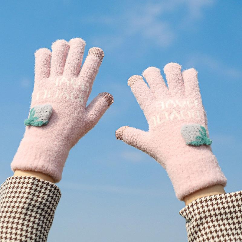 Niedliche Strickhandschuhe für Damen Herren Fingerlose Touchscreen-Handschuhe Winter Warm Plüsch Fäustlinge Radfahren Kalt Vollfingerhandschuhe