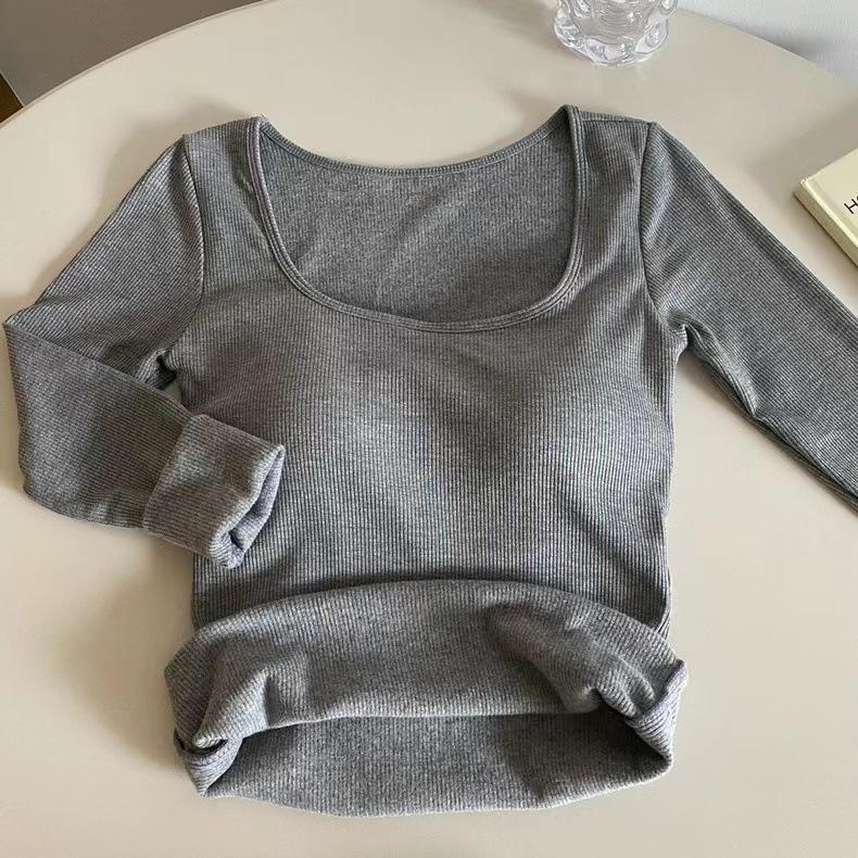 Korean Style Slim Fit Square Neck Brushed Velvet T-Shirt with Chest Pads for Autumn and Winter