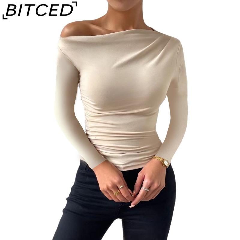 BITCED Spring/Summer Women's Slim-Fit Pleated Asymmetric Long-Sleeved T-Shirt Top
