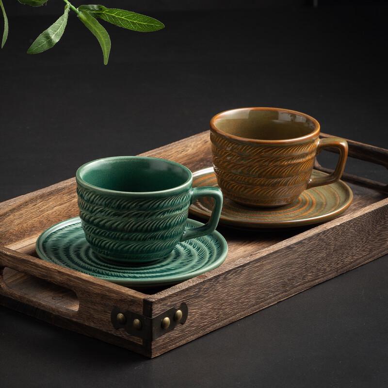 ZISIZ Kiln Glazed Coffee Cup and Saucer Set with Spoon