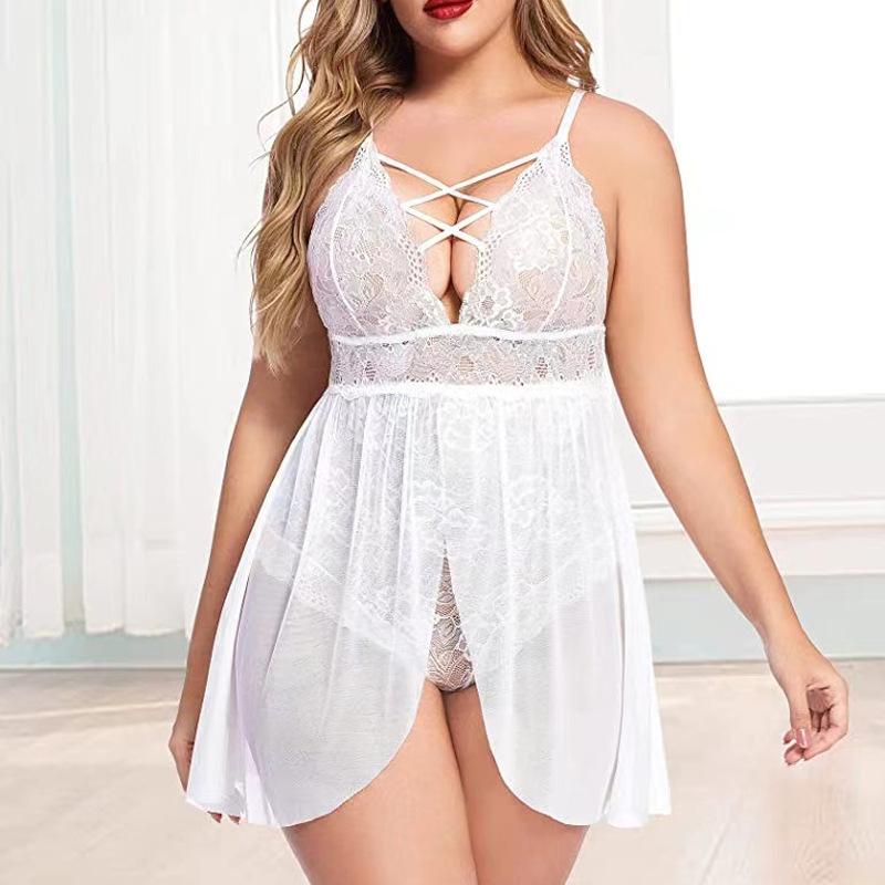 Plus Size Summer Women's Sexy Home Dress Faux Two,Piece See,Through Lingerie Set