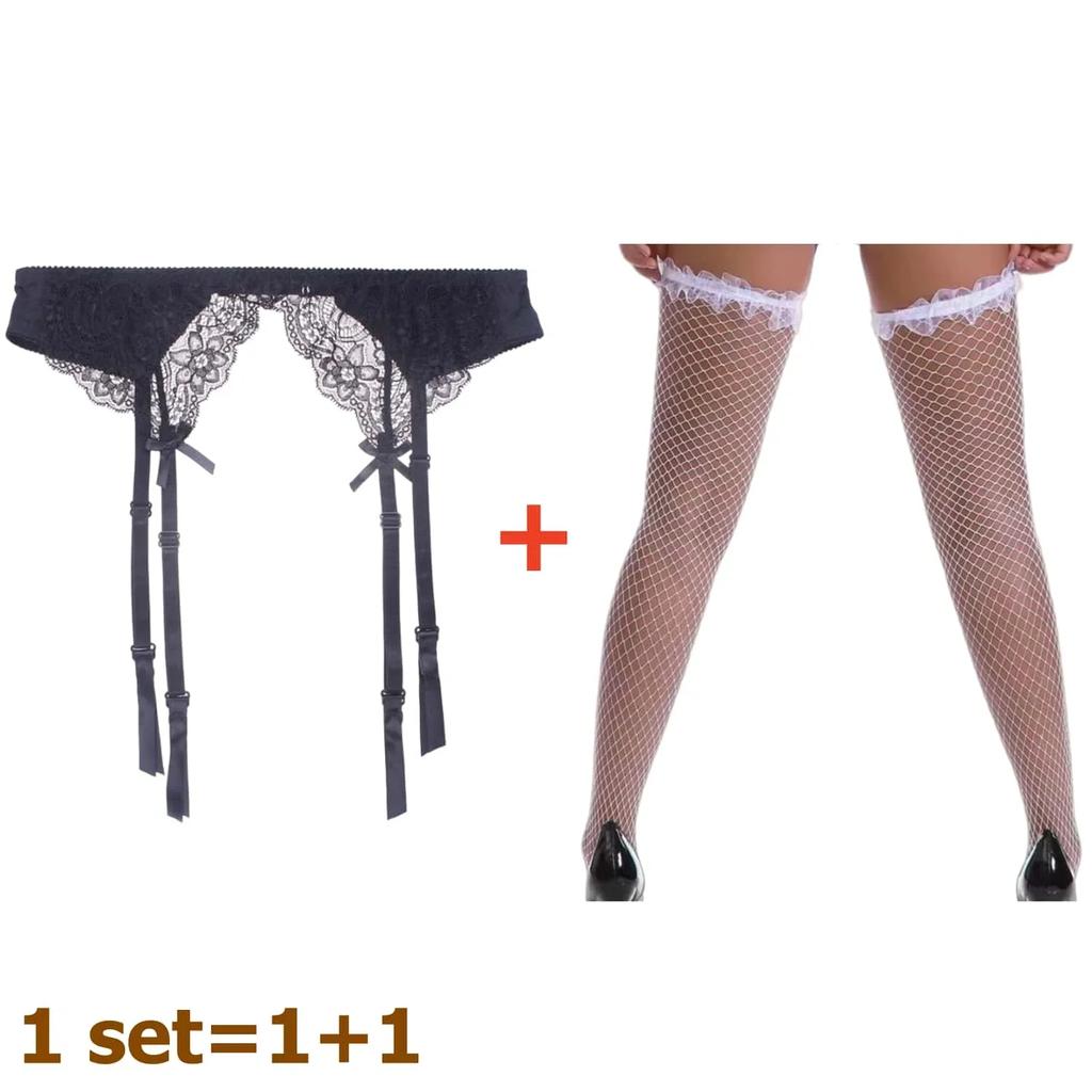 2Pcs Women'S Adjustable Non-Slip Stockings High Waist Garter Belt Plus Size Sock Set Lace Mesh Suspender One-Piece Pantyhose Xxl