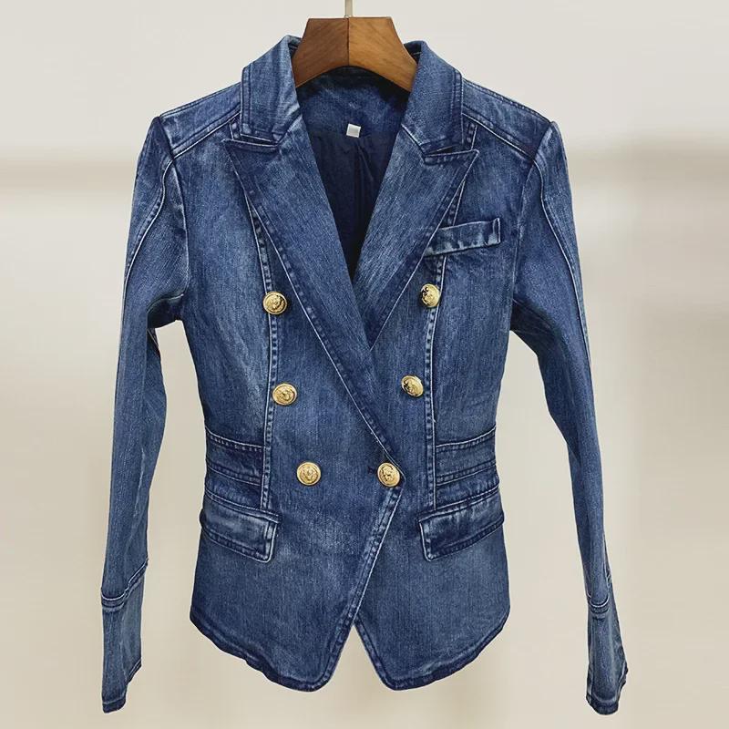 Spot 2025 Autumn/Winter European & American Fashion Double-Breasted Washed Denim Slim Jacket