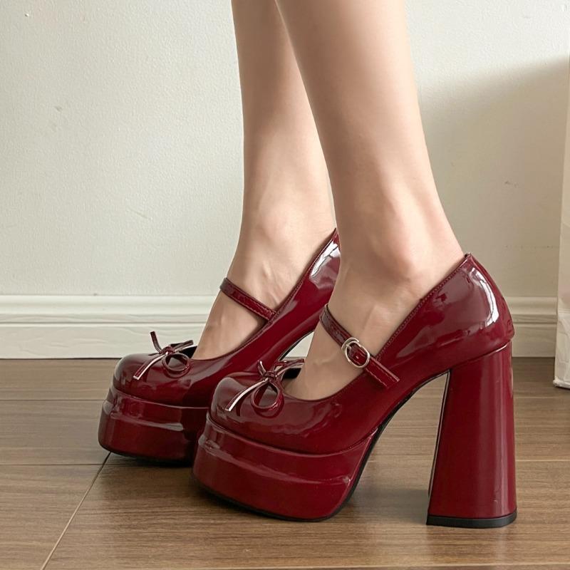 Fashion Super High Heel Mary Jane Shoes Women's Retro Round Toe Shallow Mouth Bow Platform One Strap Block Heel Single Shoes