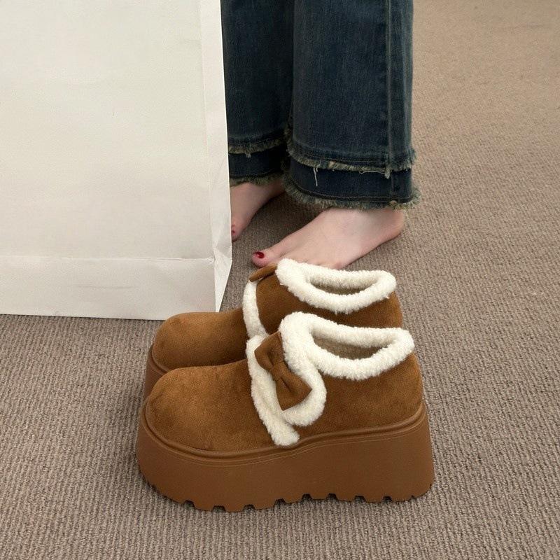 Fur integrated snow boots thick-soled velvet short boots women's winter small height increase warm bread shoes