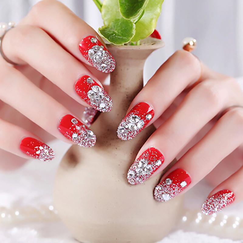 24Pcs Red Round False Nails Acrylic Uv Gel Full French Fake Nails Art Tips Tools