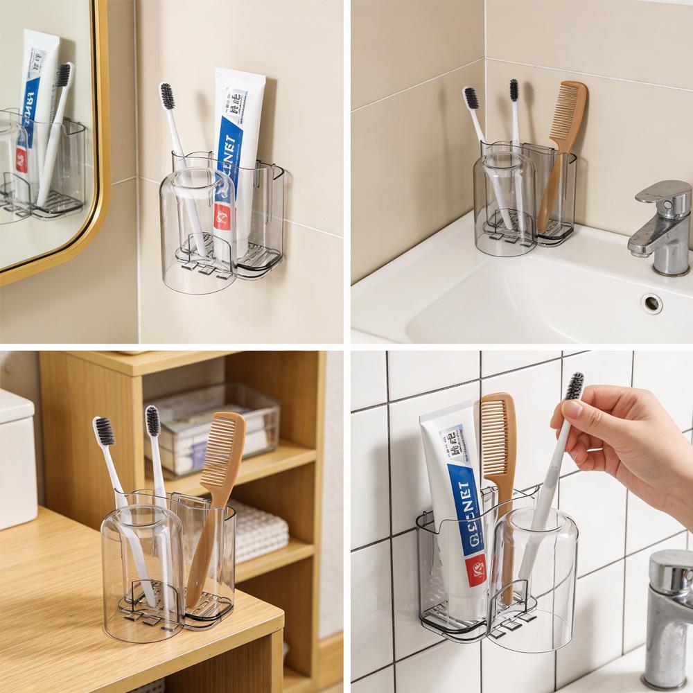 Bathroom Toothbrush Holder Wall Mounted No Drilling Acrylic Toothpaste Cup Organizer Drainage Multifunctional Bathroom Shelf