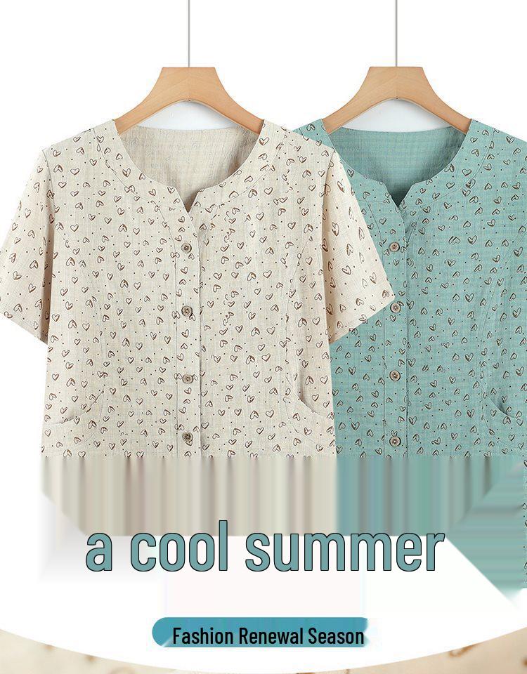 Grandma's Summer Cotton Short Sleeve Shirt - Women's Cotton Linen Top for Middle-aged and Elderly