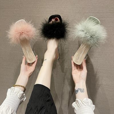 2025 Summer New Thick-heeled Slippers Women's Wear Square Head Open-toed Fluffy One-word Drag Fashion High Heels