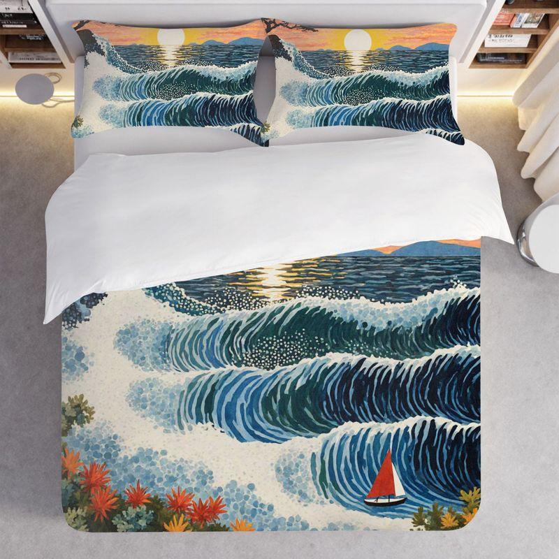 3Pcs Bedding Pillowcase Quilt Cover Set Flat Coating Style Wave Sailing Pattern 2D Digital Printing For Bedroom Dormitory Decor