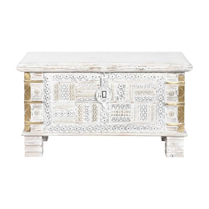 Truhla - 80 cm - Mangové dřevo - Kov - Indická bílá a zlatá