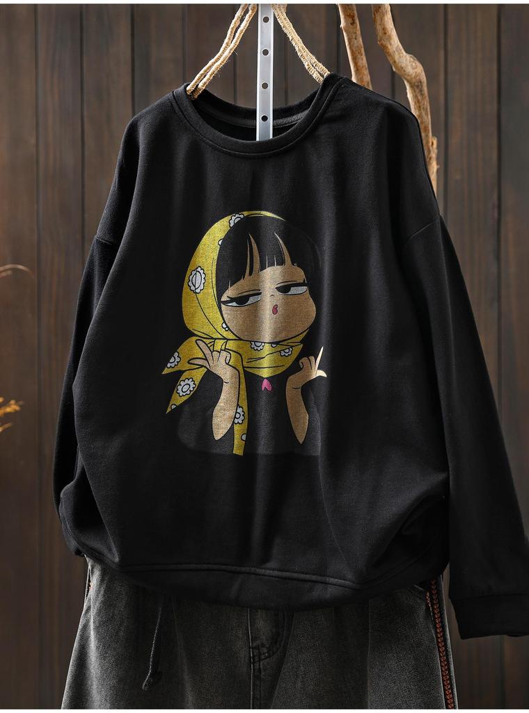 Damen Hoodie mit künstlerischem Cartoon-Print - Frühling/Herbst Lässig Rundhals Langarm