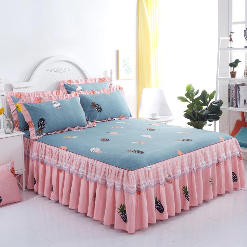 3PCS Printed Ruffled Soft, Comfortable and Breathable Bed Skirt (One Bed Skirt and Two Pillowcases, Excluding Pillow Core) Bed Skirt, Bedspread