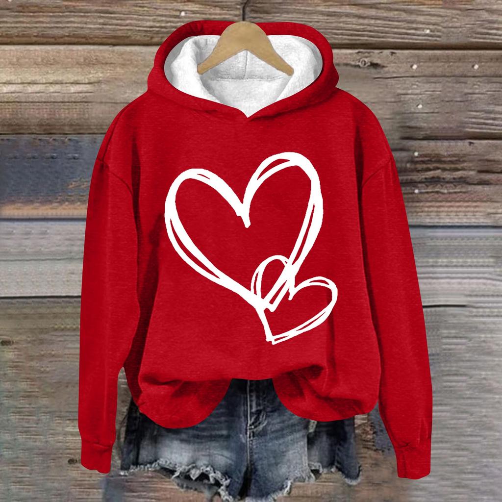 Women's Long Sleeved Shirt With Valentine's Day Print And Hooded Sweatshirt