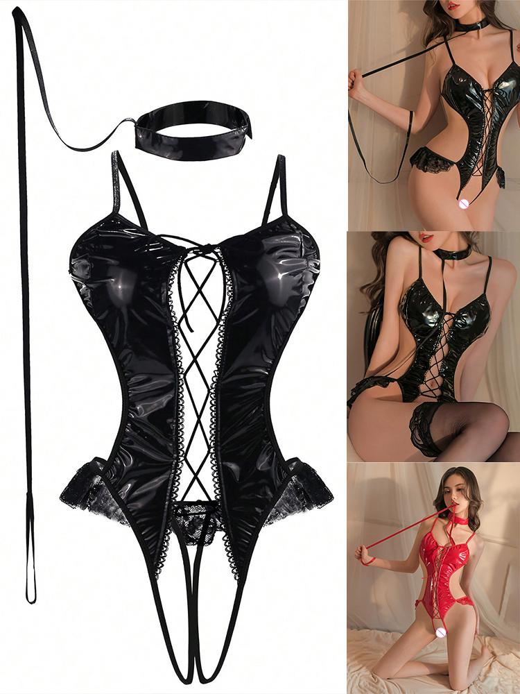 Hot Mesh Sexy Leather Bodysuit Erotic Teddies Dress Exotic Body Lingerie Women Bdsm Bandage PU Outfit Fancy Babydoll Underwear