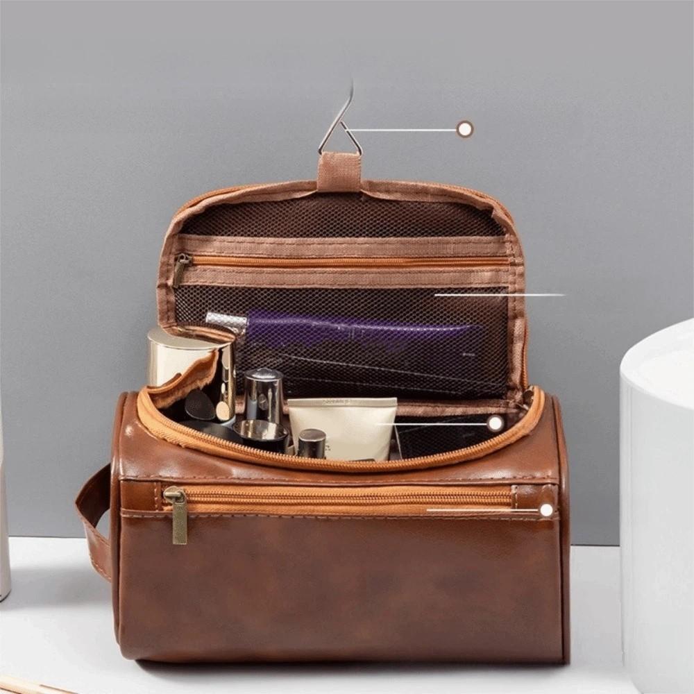 Large Capacity Cosmetic Makeup Bag PU Leather Storage Handbag Hanging Toiletry Bag Husband