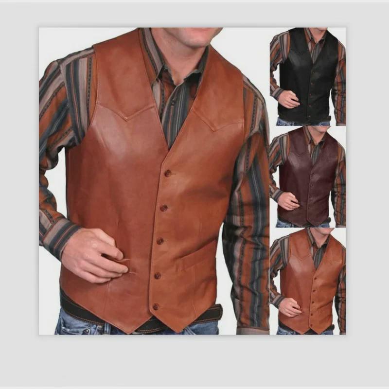 2023 Men's Retro European & American Single-Breasted Leather Vest Jacket