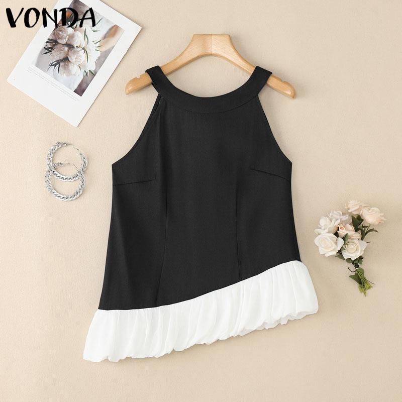 

VONDA Women Sleeveless Irregular Patchwork Back Knot Ruffled Tank Tops M чёрный