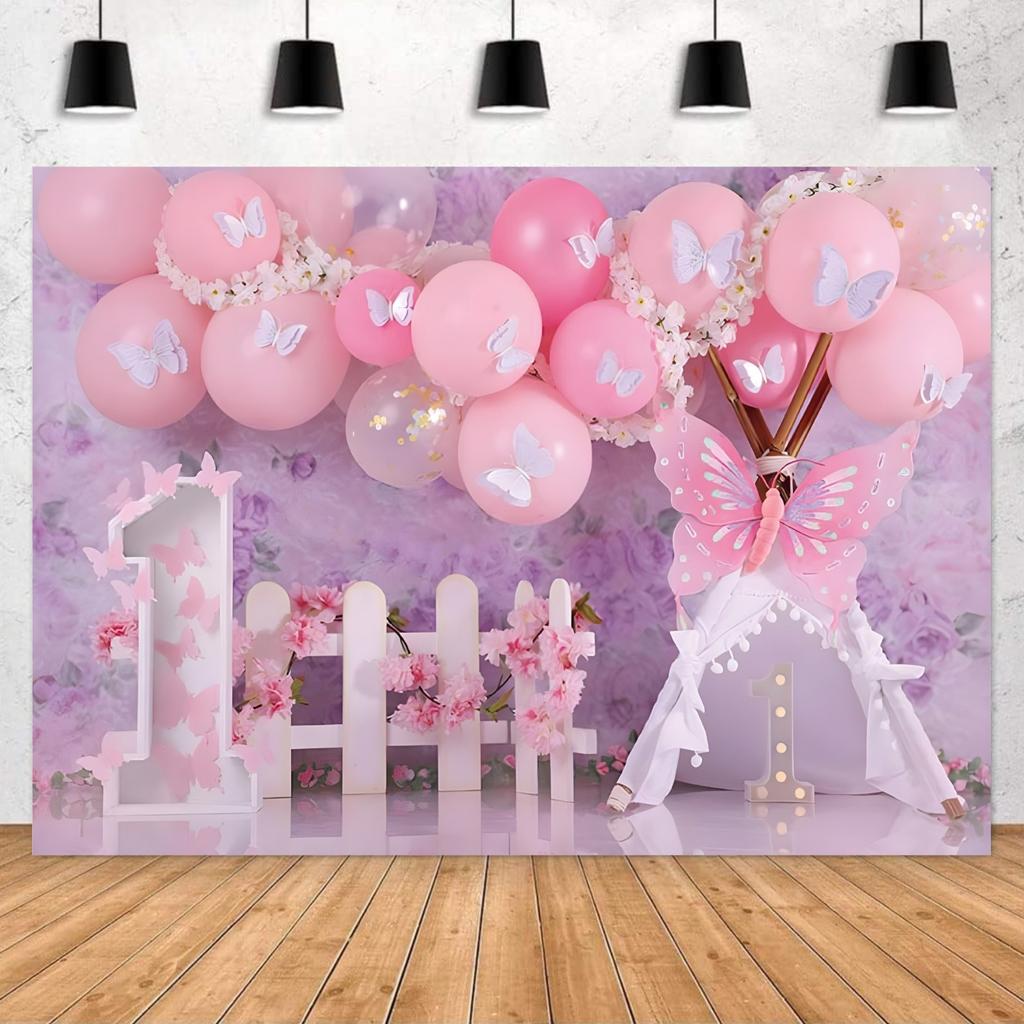 A Pink Balloon and Butterfly Flower Theme Birthday Party Backdrop Fabric | Polyester Fabric Suitable for Cake Smashing