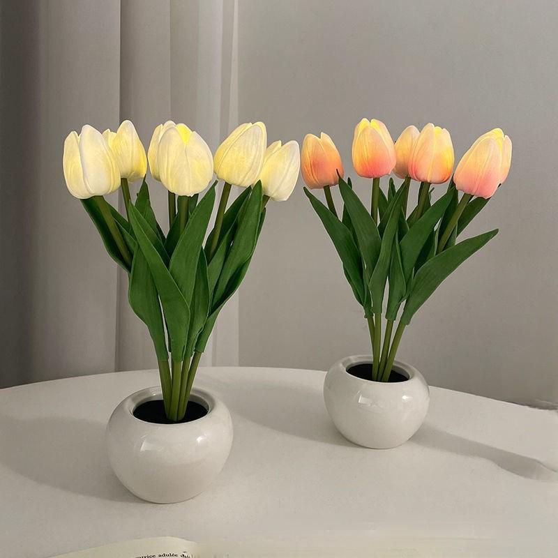 Tulip LED Night Light Floral Bouquet - Simulated Flower Desk & Bedside Lamp, Perfect for Bedroom, Dorm, or Girly Decor