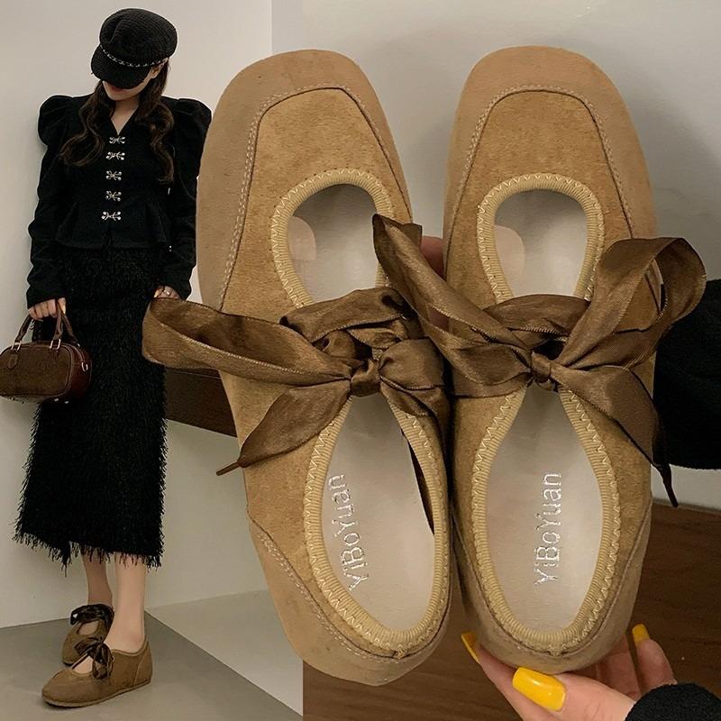 

Fashion 2025 Shallow Bow Lace-Up Women s Retro Square Toe Bull Tendon Flat Single Shoes 40 хаки