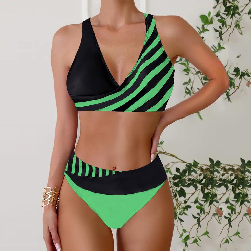 Women's Halter Half Edge Stripe Print Bikini Tankini Swimsuit